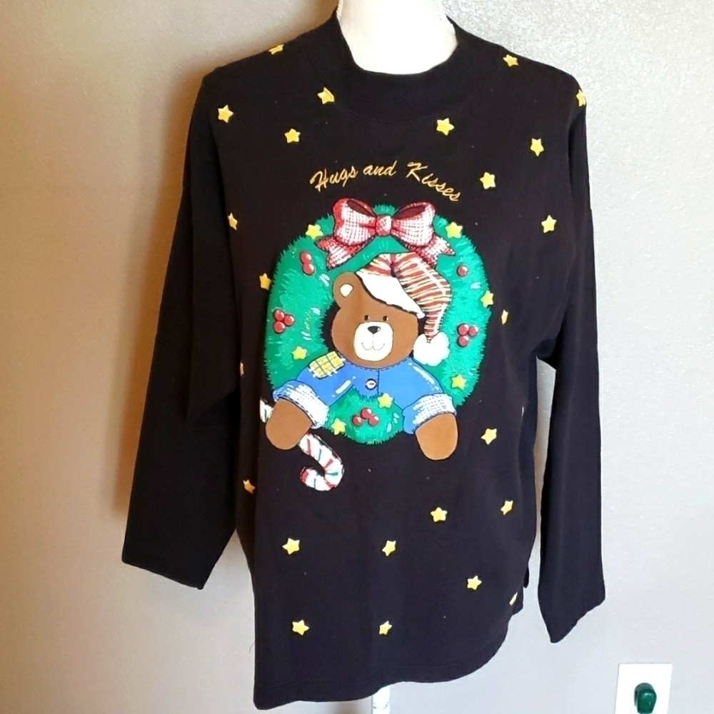 Holiday Time Vintage 90s Ugly Christmas Sweaters wreath hugs and kisses